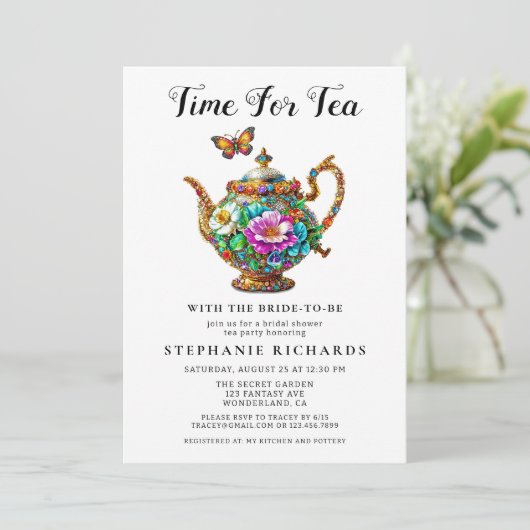 金ゴールドエレガントフローラティーポットブライダルシャワー 招待状 (スタンド正面)