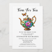 金ゴールドエレガントフローラティーポットブライダルシャワー 招待状 (正面/裏面)