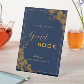 金ゴールドエレガントフローラネイビーブルーゲストブックサイン 台座サイン (インサイチュ)