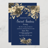 金ゴールドエレガントフローラネイビーブルースウィート16招待状 招待状 (正面/裏面)