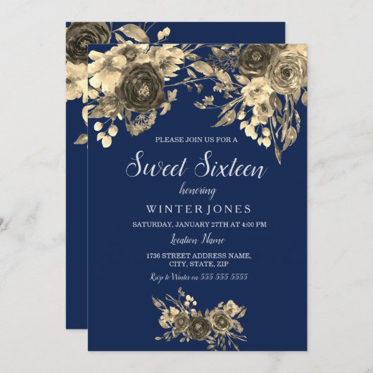 金ゴールドエレガントフローラネイビーブルースウィート16招待状 招待状 (正面/裏面)