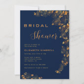 金ゴールドエレガントフローラネイビーブルーブライダルシャワー 招待状 (正面)