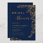 金ゴールドエレガントフローラネイビーブルーブライダルシャワー 招待状 (正面/裏面)
