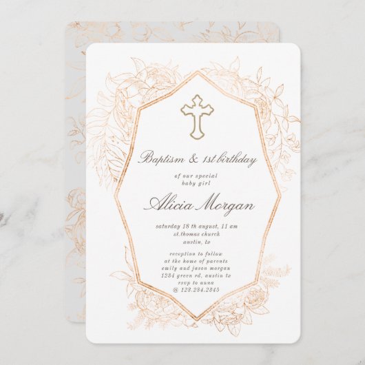 金ゴールドエレガントフローラバプティスファースト誕生日 招待状 (正面/裏面)