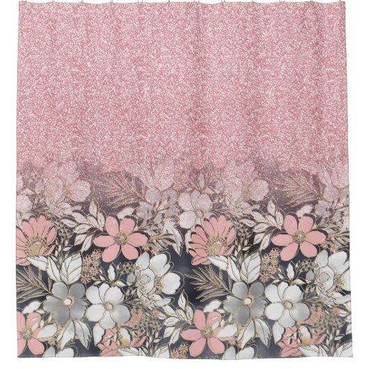 金ゴールドエレガントフローラピンクのグラデーショングリッターイメージ シャワーカーテン (正面)