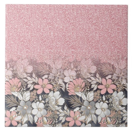 金ゴールドエレガントフローラピンクのグラデーショングリッターイメージ タイル (正面)