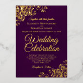 金ゴールドエレガントフローラフリルのプラムパープル結婚ズ 箔招待状 (正面)