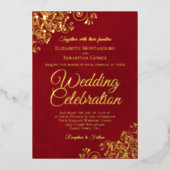 金ゴールドエレガントフローラフリルクリムゾンレッド結婚ズ 箔招待状 (正面)