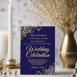 金ゴールドエレガントフローラフリルダークネイビーブルー結婚ズ 箔招待状