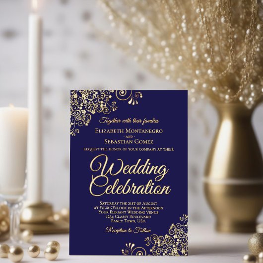 金ゴールドエレガントフローラフリルダークネイビーブルー結婚ズ 箔招待状