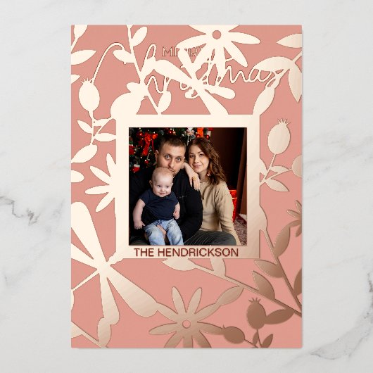 金ゴールドエレガントフローラフレームのクリスマスフォト 箔シーズンカード (正面)