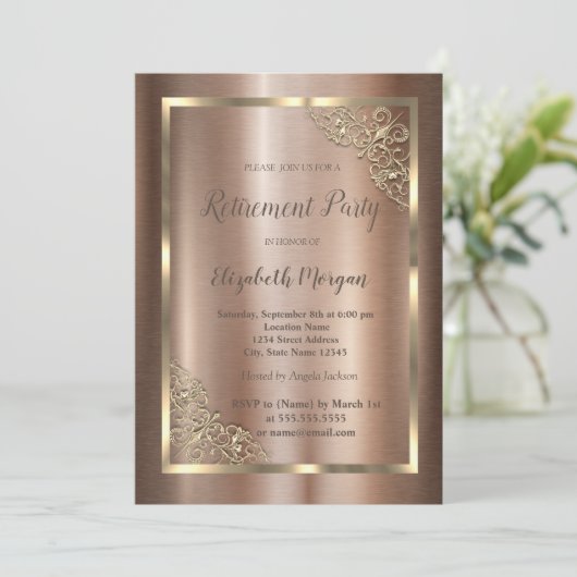 金ゴールドエレガントフローラフレームブラウン退職 招待状 (スタンド正面)