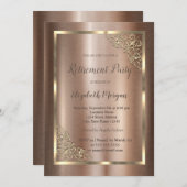 金ゴールドエレガントフローラフレームブラウン退職 招待状 (正面/裏面)