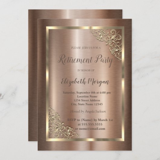 金ゴールドエレガントフローラフレームブラウン退職 招待状 (正面/裏面)