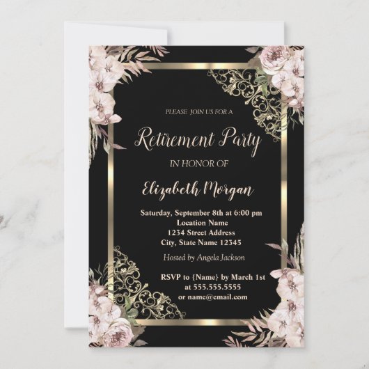金ゴールドエレガントフローラフレームボホフラワーズリタイアメント 招待状 (正面)
