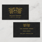 金ゴールドエレガントフローラブラックカスタムモノグラム 名刺 (正面/裏面)