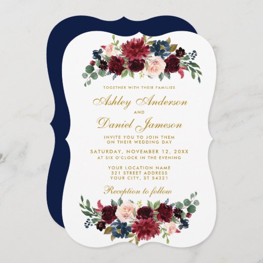 金ゴールドエレガントフローラブルー結婚ブルゴーニュBR 招待状 (正面/裏面)