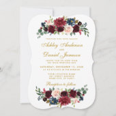 金ゴールドエレガントフローラブルー結婚ブルゴーニュBR 招待状 (正面)