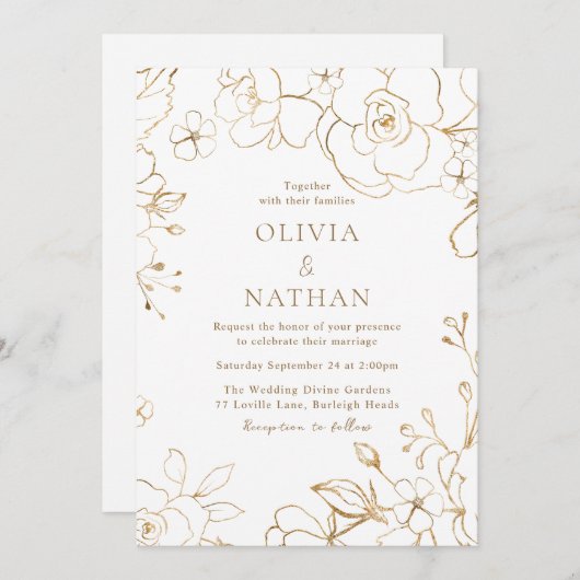 金ゴールドエレガントフローラホワ結婚イト 招待状 (正面/裏面)