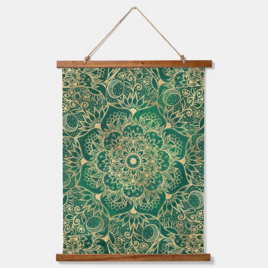 金ゴールドエレガントフローラマンダラグリーンデザイン 吊り下げ型タペストリー (正面)