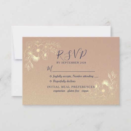 金ゴールドエレガントフローラモダンウェディングRSVPカード 出欠カード (正面)