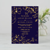 金ゴールドエレガントフローラモダン海軍結婚の実在金ゴールド 箔招待状 (立ち正面)