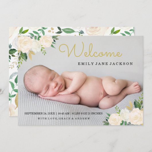 金ゴールドエレガントフローラ写真の生誕発表 案内状 (正面/裏面)