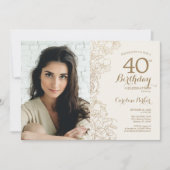 金ゴールドエレガントフローラ写真40歳の誕生日 招待状 (正面)