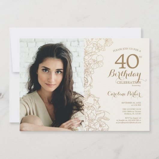 金ゴールドエレガントフローラ写真40歳の誕生日 招待状 (正面)