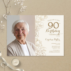 金ゴールドエレガントフローラ写真90誕生日 招待状