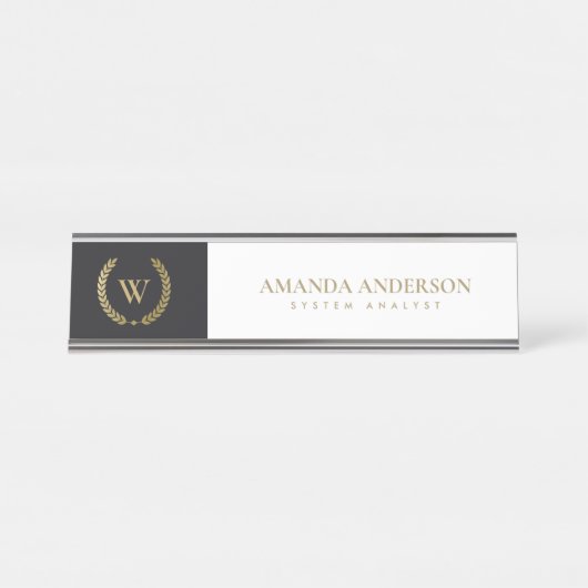 金ゴールドエレガントフローラ月桂樹リースイニシャルモノグラム デスクネームプレート (正面)