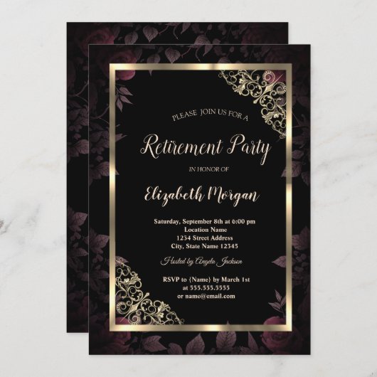 金ゴールドエレガントフローラ枠ダークフラワーリタイア 招待状 (正面/裏面)