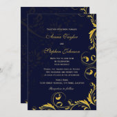 金ゴールドエレガントフローラ植物渦ネイビー 招待状 (正面/裏面)