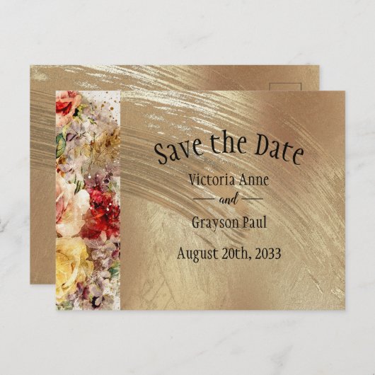 金ゴールドエレガントフローラ水の色の保存日付 案内ポストカード (正面/裏面)