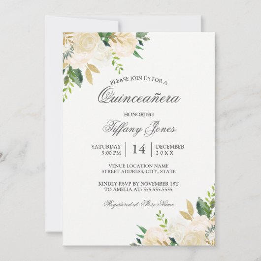 金ゴールドエレガントフローラ水彩キンセアニェラ 招待状 (正面)