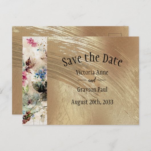 金ゴールドエレガントフローラ水色日付の保存 案内ポストカード (正面/裏面)