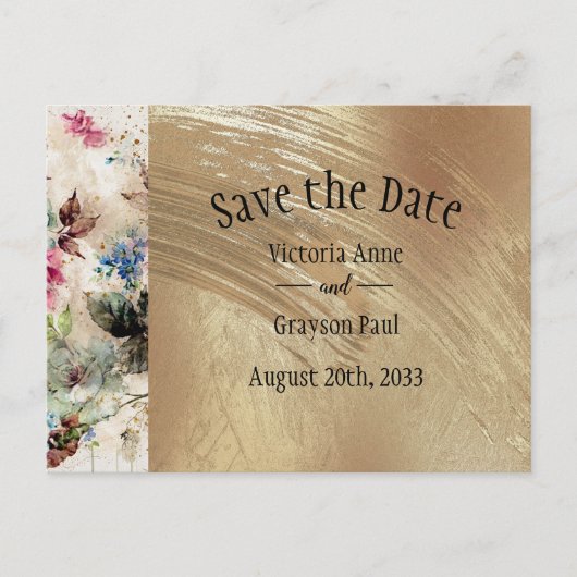 金ゴールドエレガントフローラ水色日付の保存 案内ポストカード (正面)