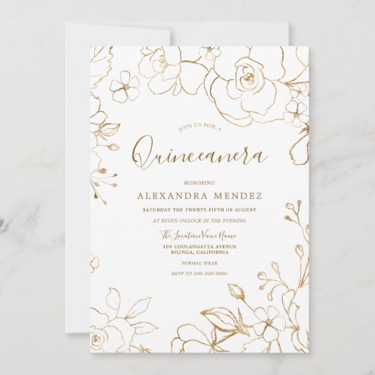 金ゴールドエレガントフローラ白モダンキンセアニェラパーティー 招待状 (正面)