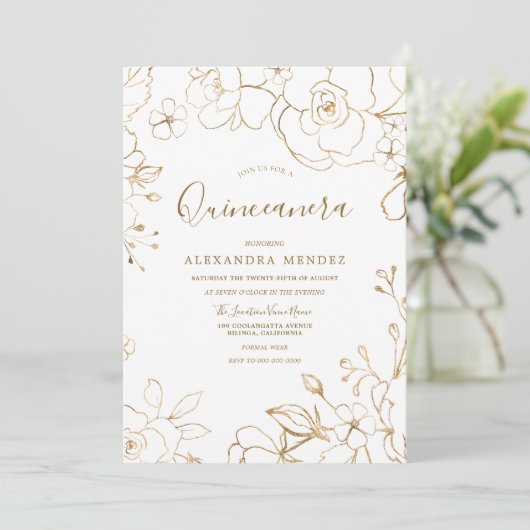 金ゴールドエレガントフローラ白モダンキンセアニェラパーティー 招待状 (スタンド正面)