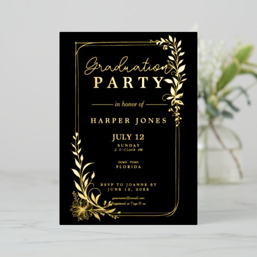 金ゴールドエレガントフローラ2025年卒業クラス 箔招待状 (立ち正面)