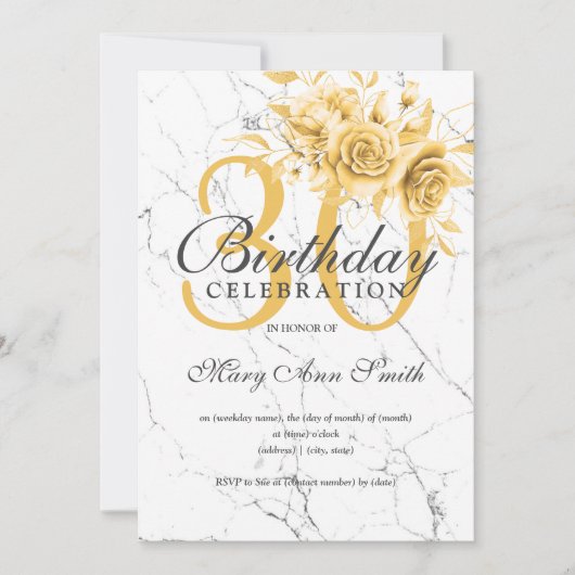 金ゴールドエレガントフローラ30th誕生日パーティー大理石 招待状 (正面)