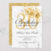 金ゴールドエレガントフローラ30th誕生日パーティー大理石 招待状 (正面/裏面)
