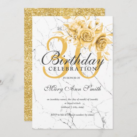 金ゴールドエレガントフローラ30th誕生日パーティー大理石 招待状 (正面/裏面)