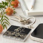 金ゴールドエレガントフローラ、バイオリン鍵、ノート キーホルダー (正面右)