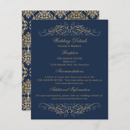 金ゴールドエレガントフローリッシュダマスク海軍結婚の詳細 招待状 (正面/裏面)