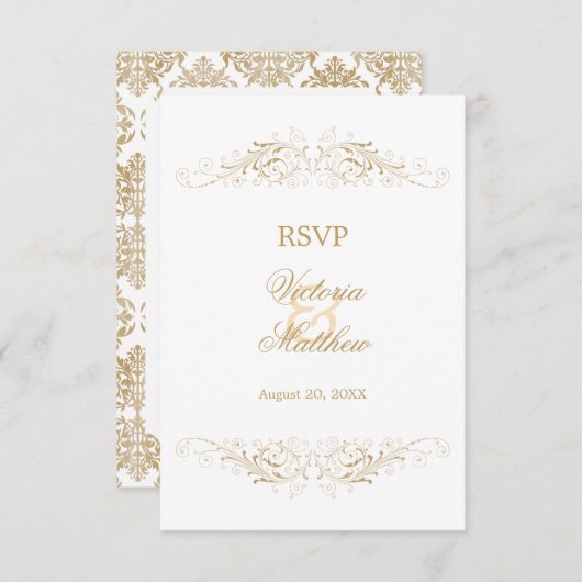金ゴールドエレガントフローリッシュダマスクRSVP 招待状 (正面/裏面)