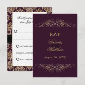 金ゴールドエレガントフローリッシュダマスナスRSVP 出欠カード (正面/裏面)