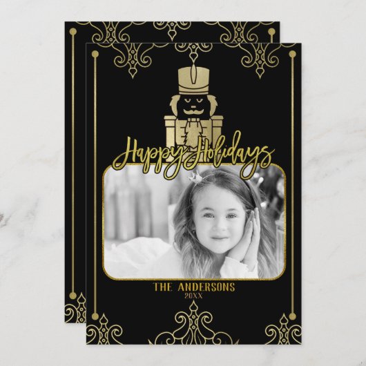 金ゴールドエレガントブラックくるみ割り付けホリデーフォトカード シーズンカード (正面/裏面)