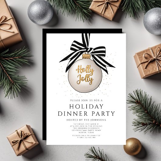 金ゴールドエレガントブラックアンドホワイトホリデーディナーパーティー 招待状
