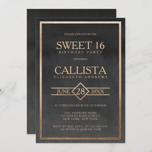 金ゴールドエレガントブラックウォーターのカラーフレーム甘い16 招待状 (正面/裏面)